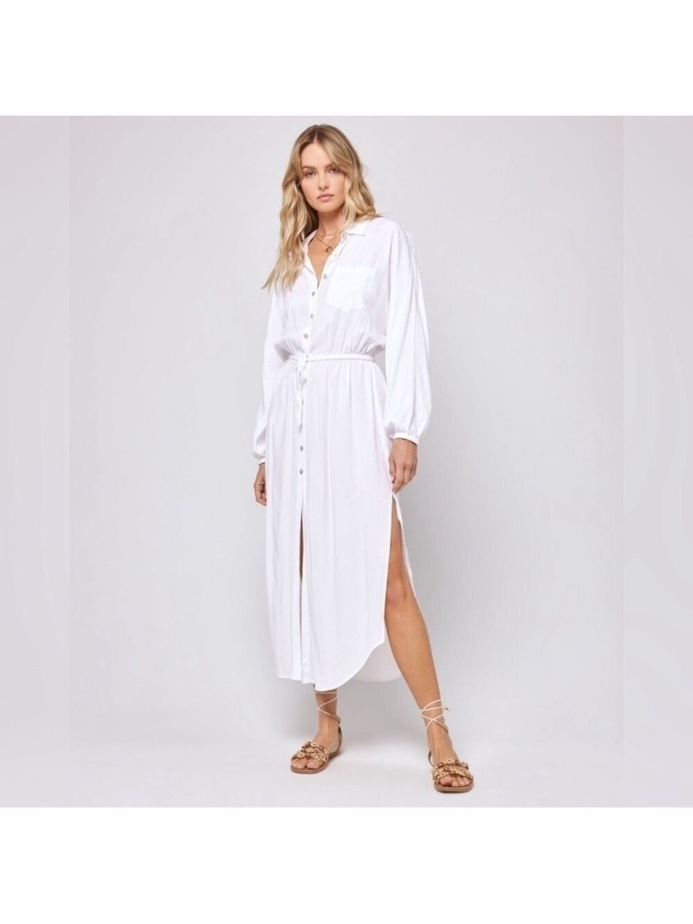 L*Space Logan Long Sleeve Button Front Dress White NWT Size M